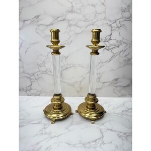 Vintage Brass Lucite Acrylic Candlesticks Set of 2 Table Decor Heavy Traditional